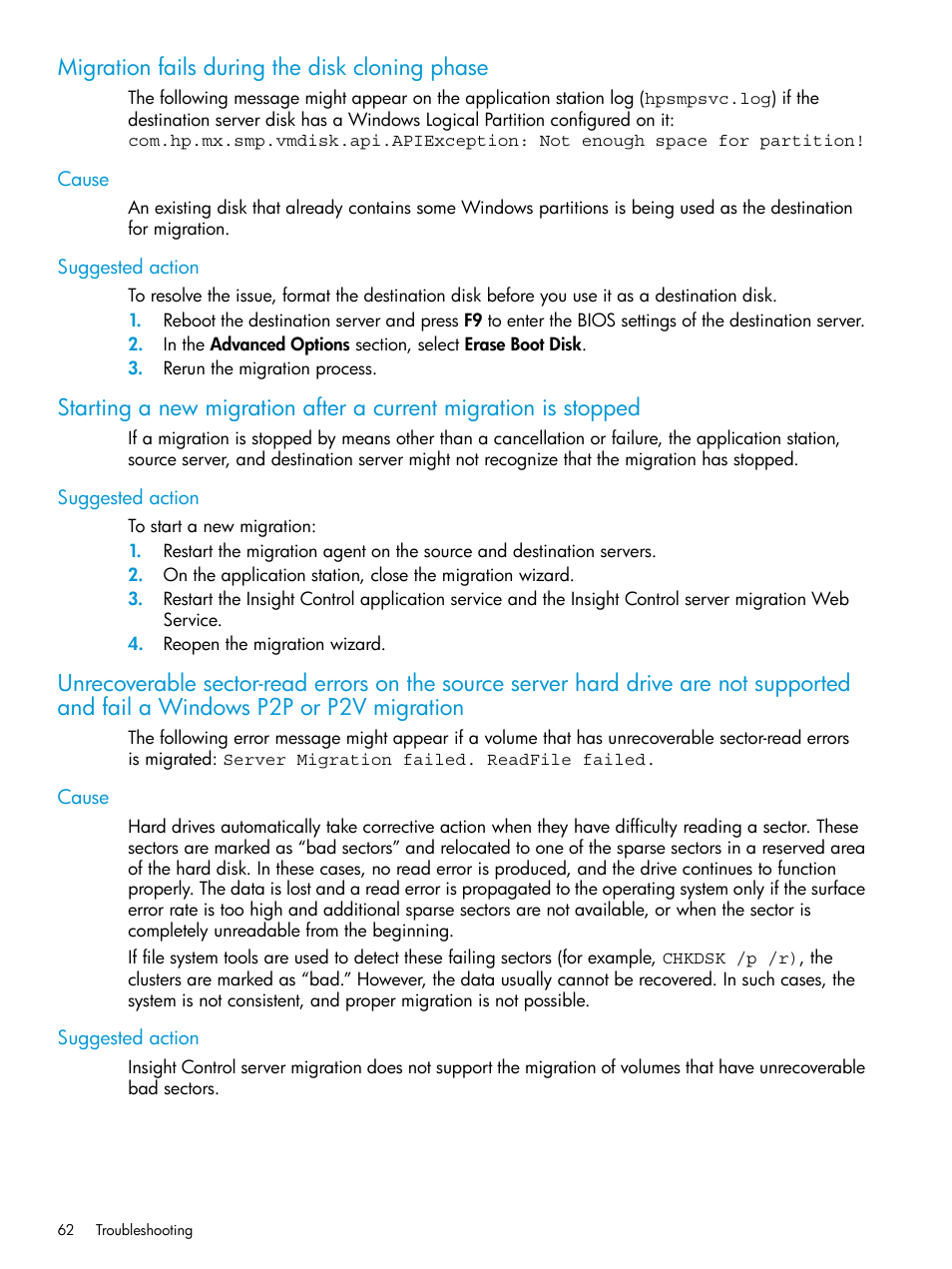 Migration fails during the disk cloning phase, Cause, Suggested action | Cause suggested action | HP Insight Foundation Software for ProLiant User Manual | Page 62 / 87