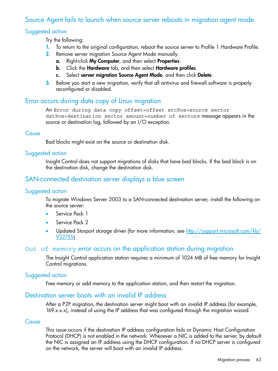 Suggested action, Error occurs during data copy of linux migration, Cause | Cause suggested action | HP Insight Foundation Software for ProLiant User Manual | Page 63 / 87