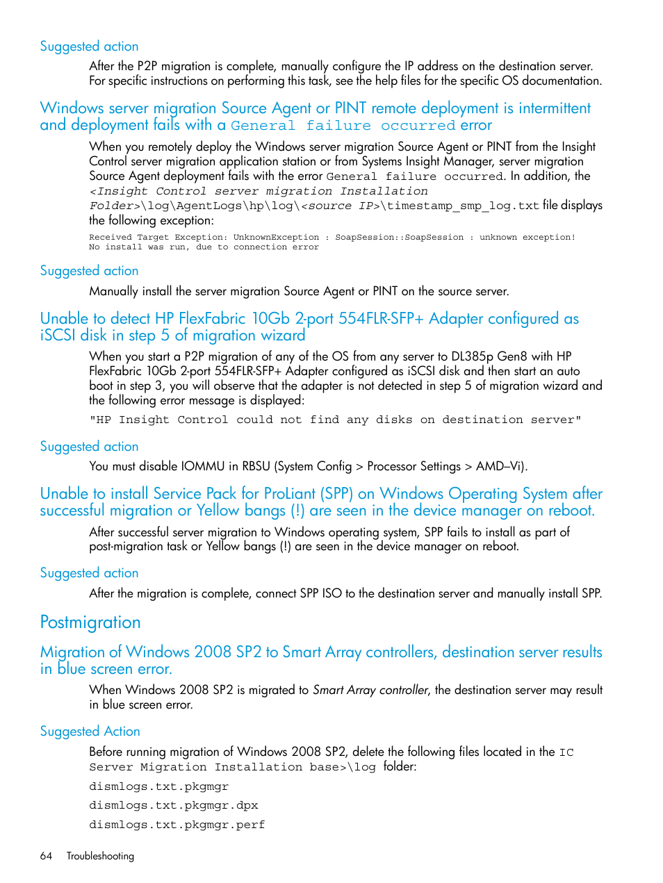 Suggested action, Postmigration | HP Insight Foundation Software for ProLiant User Manual | Page 64 / 87