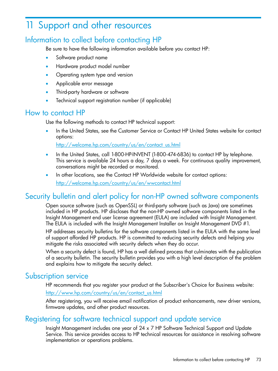 11 support and other resources, Information to collect before contacting hp, How to contact hp | Subscription service | HP Insight Foundation Software for ProLiant User Manual | Page 73 / 87