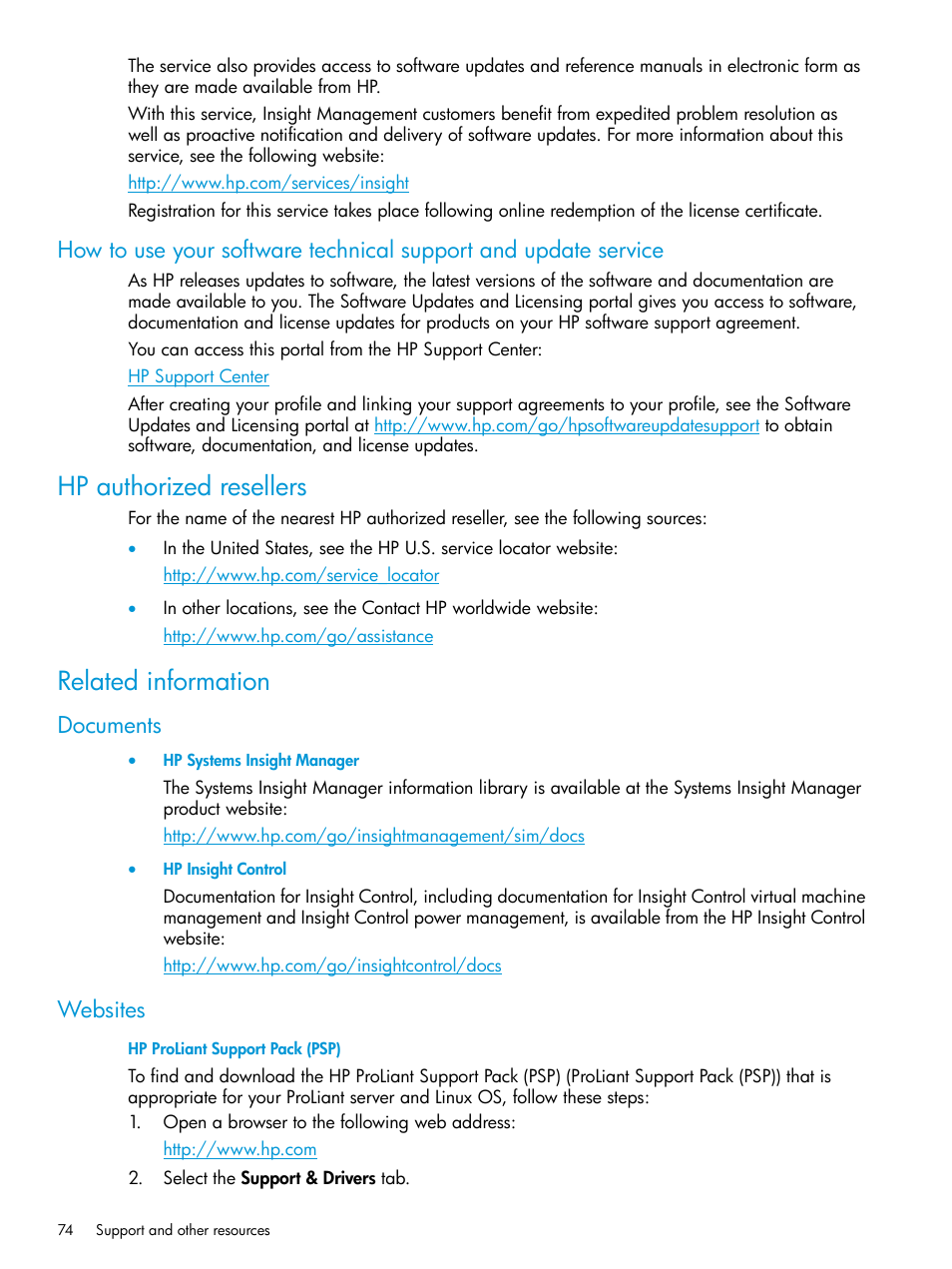 Hp authorized resellers, Related information, Documents | Websites, Hp authorized resellers related information, Documents websites | HP Insight Foundation Software for ProLiant User Manual | Page 74 / 87