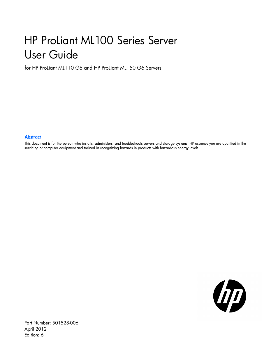 HP ProLiant ML110 G6 Server User Manual | 109 pages