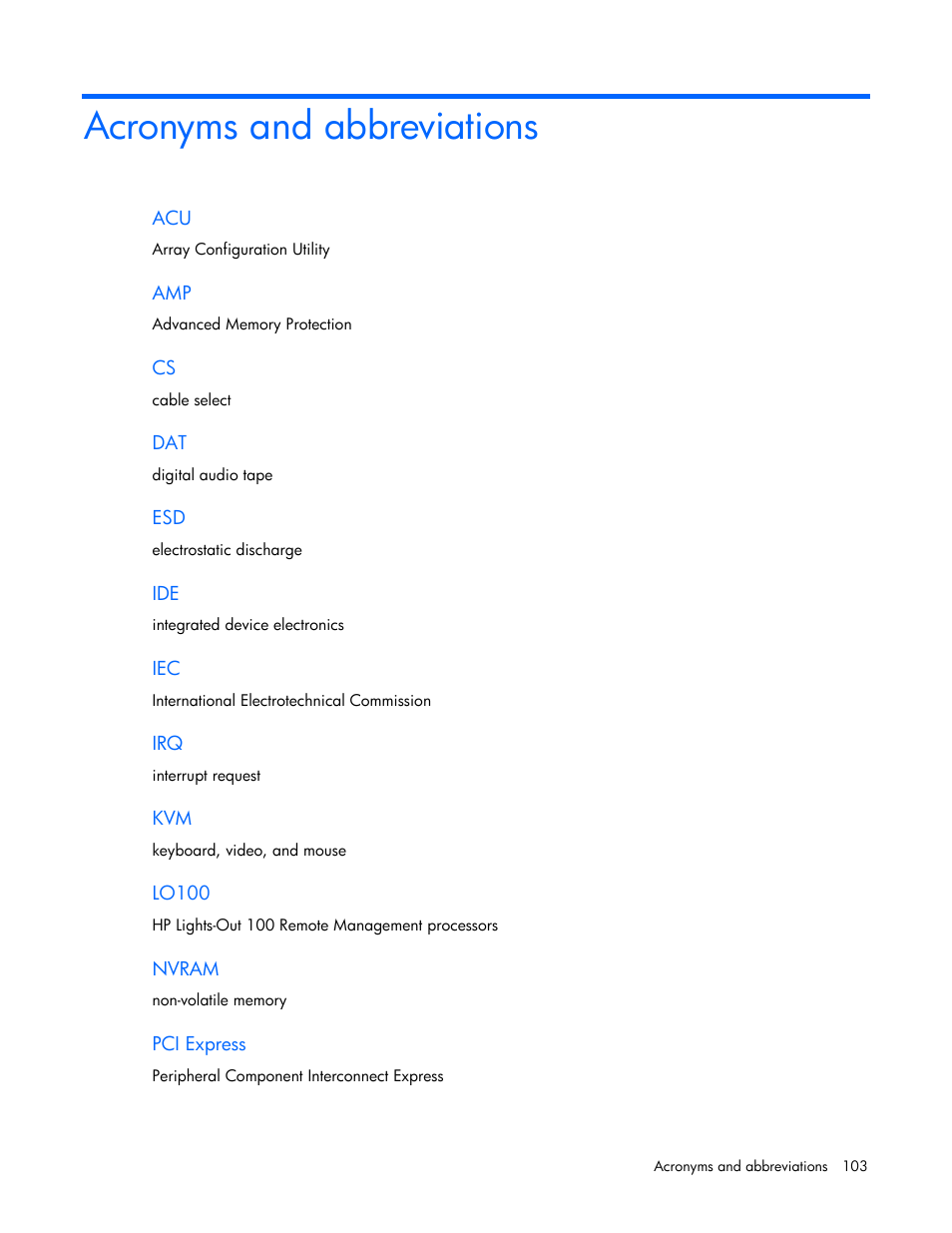 Acronyms and abbreviations | HP ProLiant ML110 G6 Server User Manual | Page 103 / 109