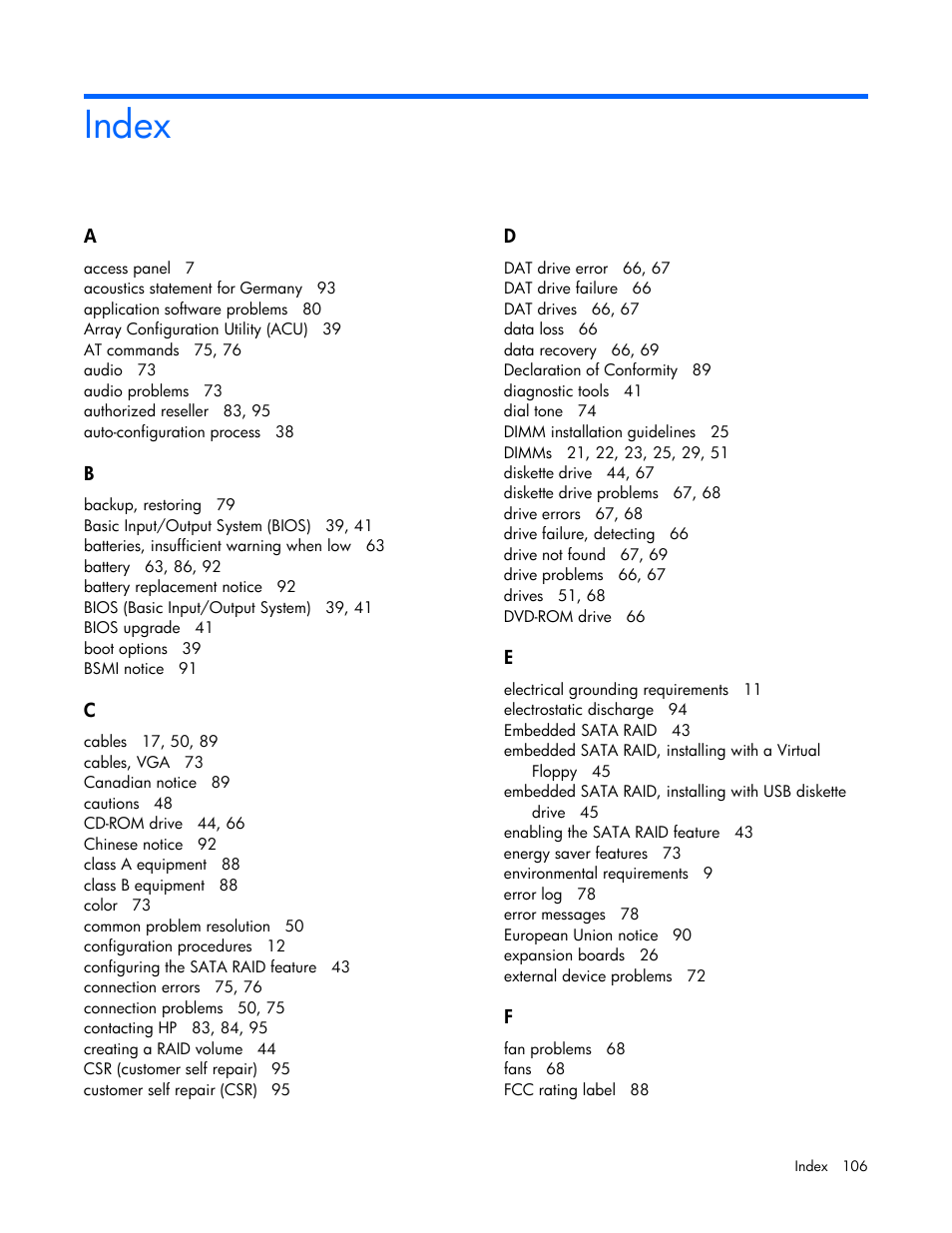 Index | HP ProLiant ML110 G6 Server User Manual | Page 106 / 109