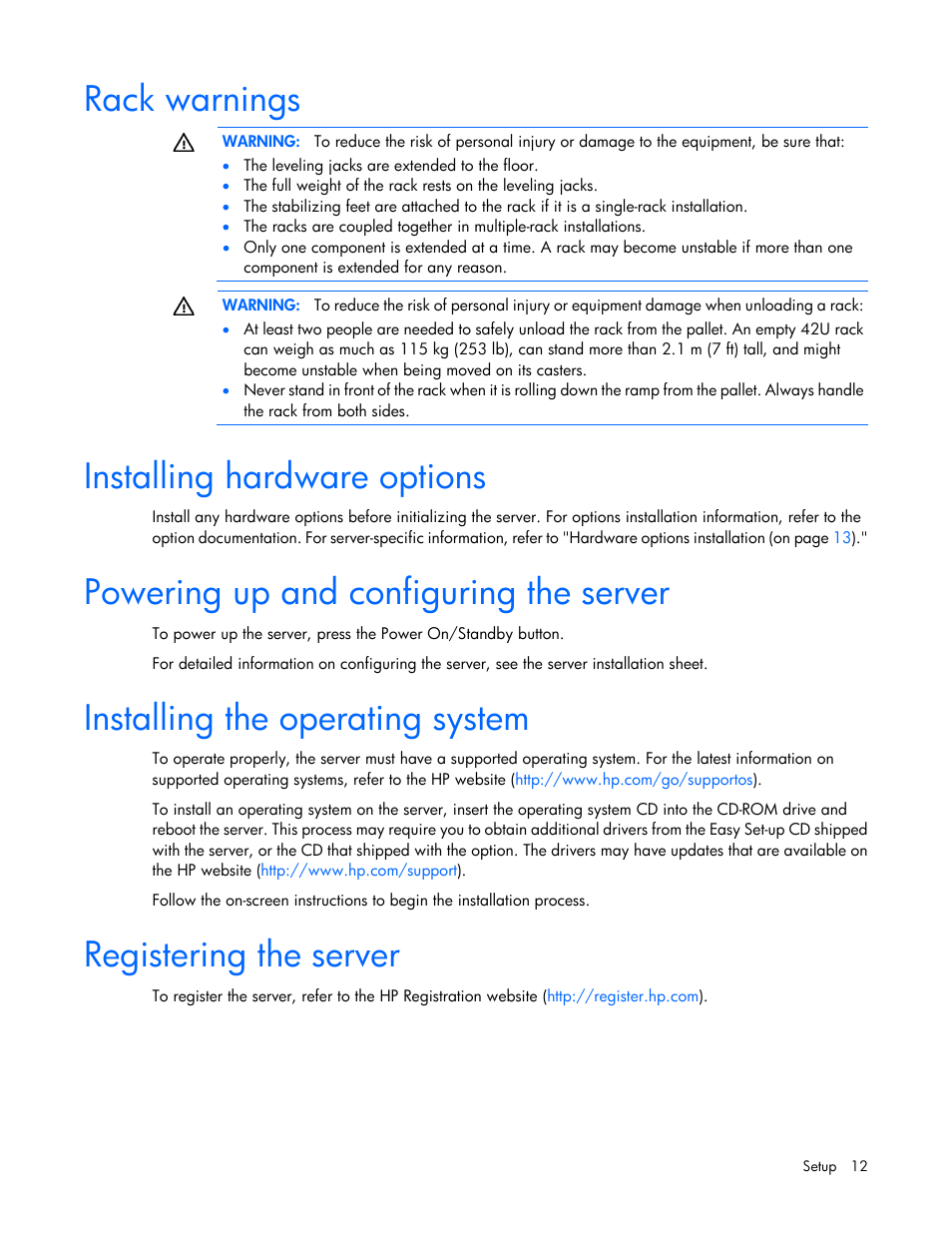 Rack warnings, Installing hardware options, Powering up and configuring the server | Installing the operating system, Registering the server | HP ProLiant ML110 G6 Server User Manual | Page 12 / 109