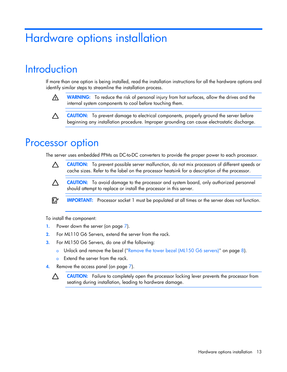 Hardware options installation, Introduction, Processor option | HP ProLiant ML110 G6 Server User Manual | Page 13 / 109