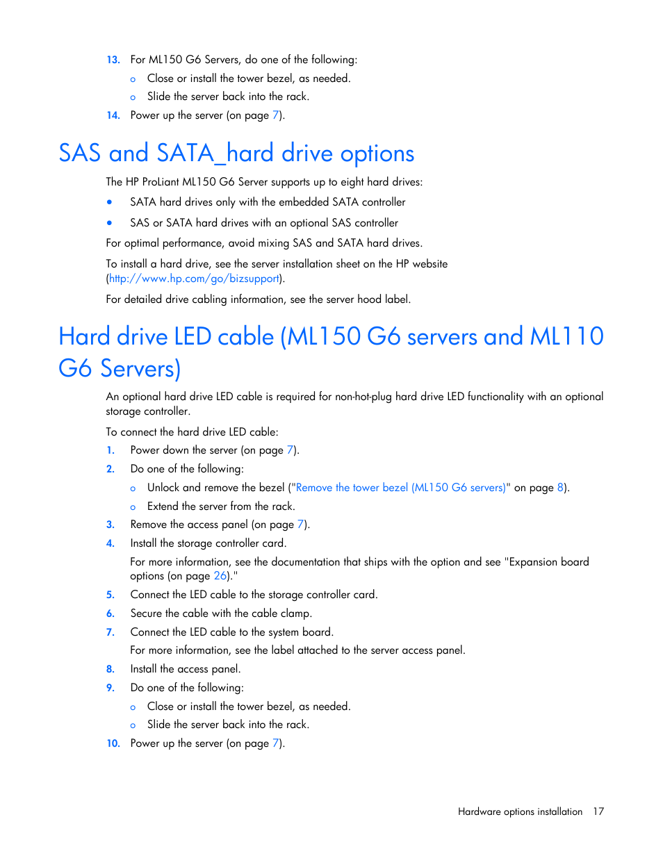 Sas and sata_hard drive options | HP ProLiant ML110 G6 Server User Manual | Page 17 / 109