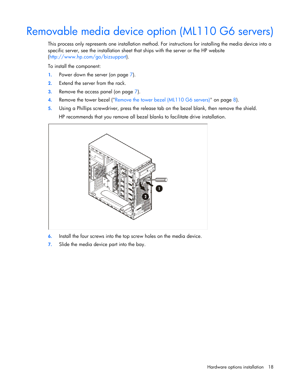 Removable media device option (ml110 g6 servers) | HP ProLiant ML110 G6 Server User Manual | Page 18 / 109