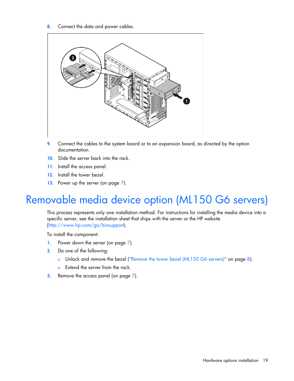 Removable media device option (ml150 g6 servers) | HP ProLiant ML110 G6 Server User Manual | Page 19 / 109