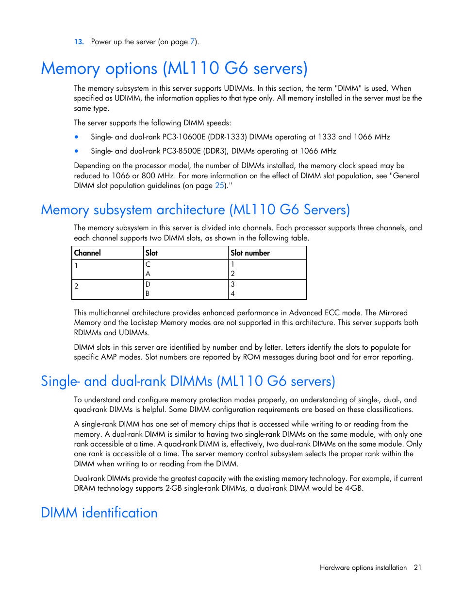 Memory options (ml110 g6 servers), Memory subsystem architecture (ml110 g6 servers), Single- and dual-rank dimms (ml110 g6 servers) | Dimm identification | HP ProLiant ML110 G6 Server User Manual | Page 21 / 109