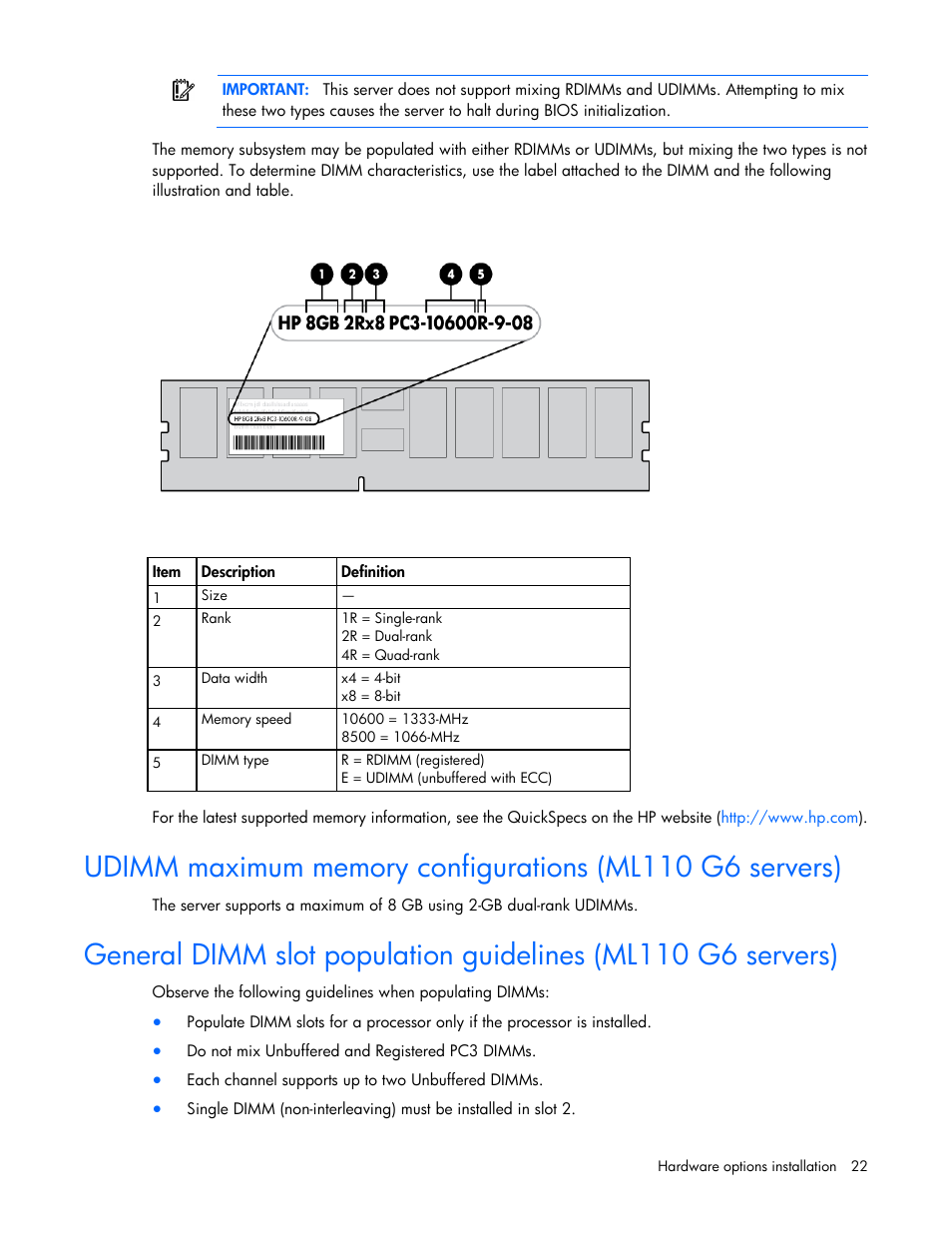 HP ProLiant ML110 G6 Server User Manual | Page 22 / 109