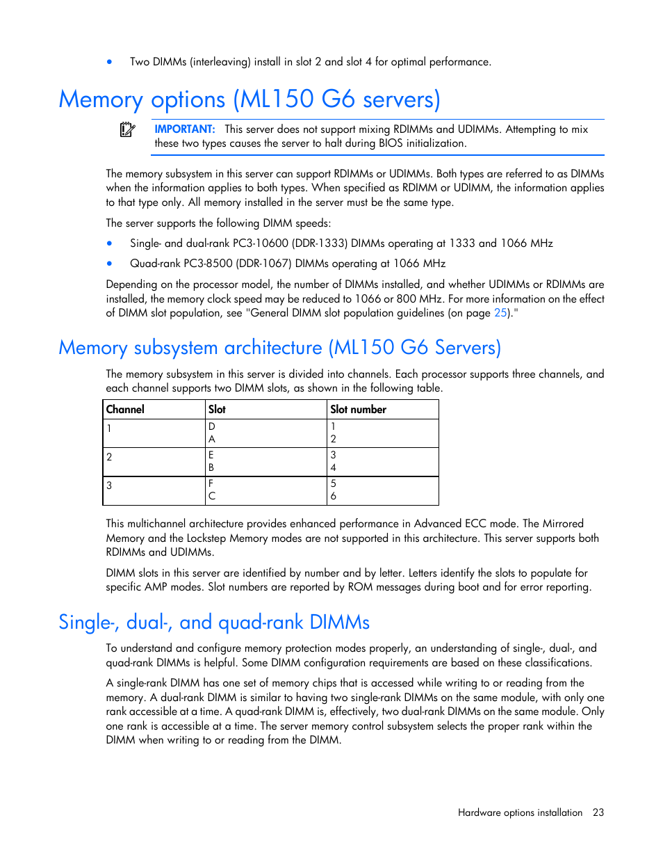 Memory options (ml150 g6 servers), Memory subsystem architecture (ml150 g6 servers), Single-, dual-, and quad-rank dimms | HP ProLiant ML110 G6 Server User Manual | Page 23 / 109