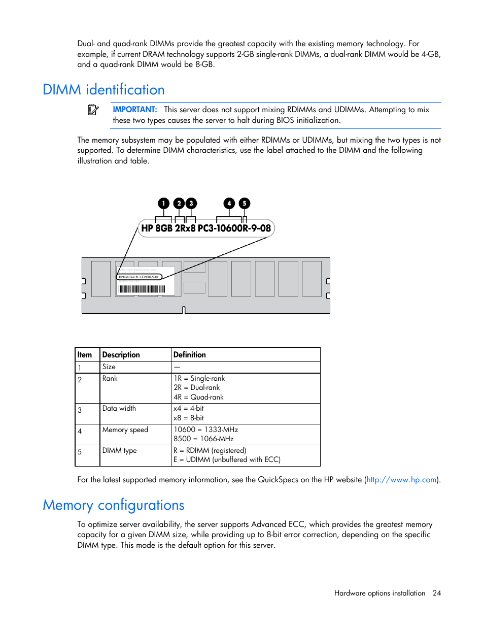 Dimm identification, Memory configurations | HP ProLiant ML110 G6 Server User Manual | Page 24 / 109