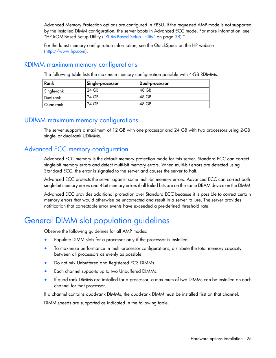 Rdimm maximum memory configurations, Udimm maximum memory configurations, Advanced ecc memory configuration | General dimm slot population guidelines | HP ProLiant ML110 G6 Server User Manual | Page 25 / 109