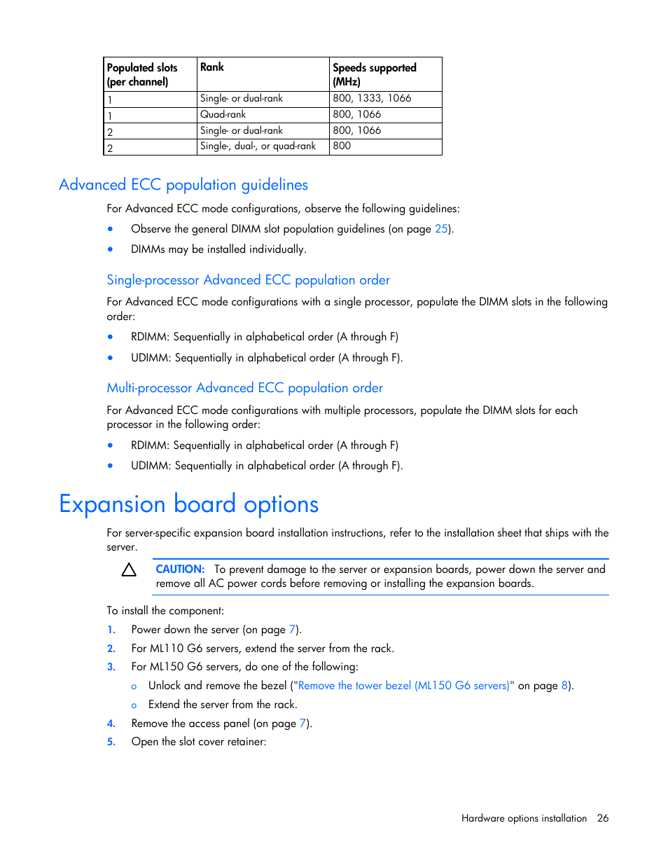 Advanced ecc population guidelines, Single-processor advanced ecc population order, Multi-processor advanced ecc population order | Expansion board options | HP ProLiant ML110 G6 Server User Manual | Page 26 / 109