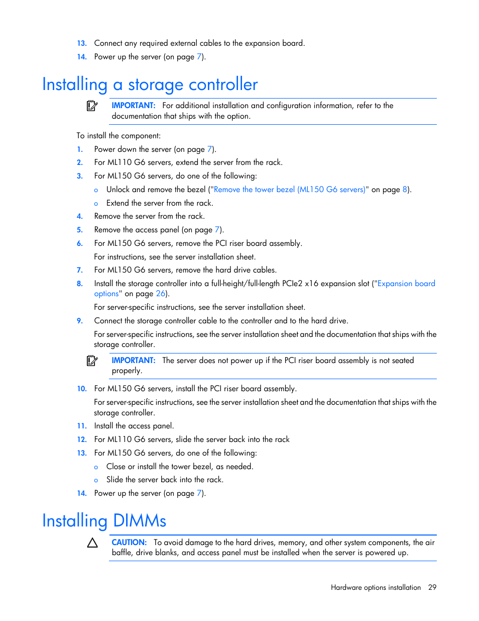 Installing a storage controller, Installing dimms | HP ProLiant ML110 G6 Server User Manual | Page 29 / 109