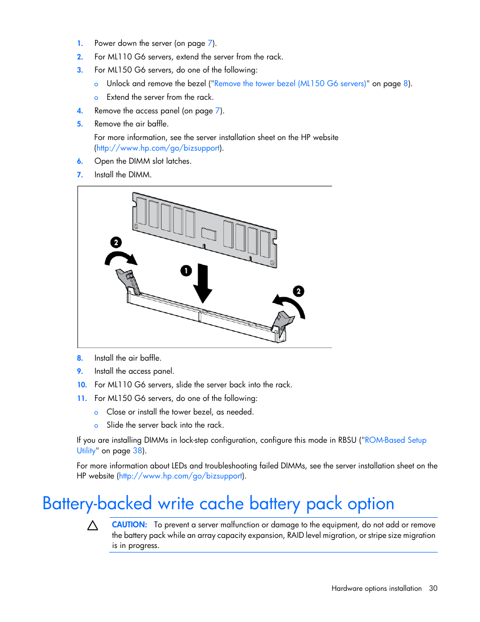Battery-backed write cache battery pack option | HP ProLiant ML110 G6 Server User Manual | Page 30 / 109