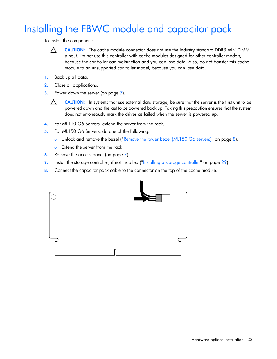 Installing the fbwc module and capacitor pack | HP ProLiant ML110 G6 Server User Manual | Page 33 / 109