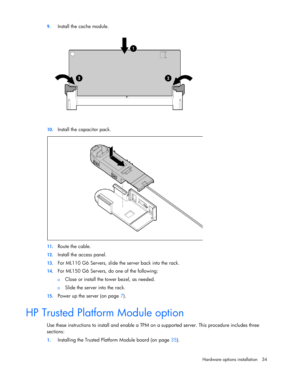 Hp trusted platform module option | HP ProLiant ML110 G6 Server User Manual | Page 34 / 109