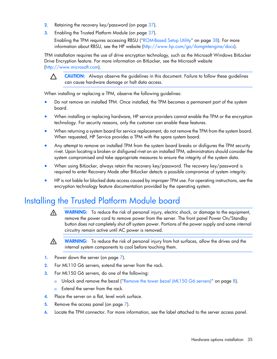Installing the trusted platform module board | HP ProLiant ML110 G6 Server User Manual | Page 35 / 109