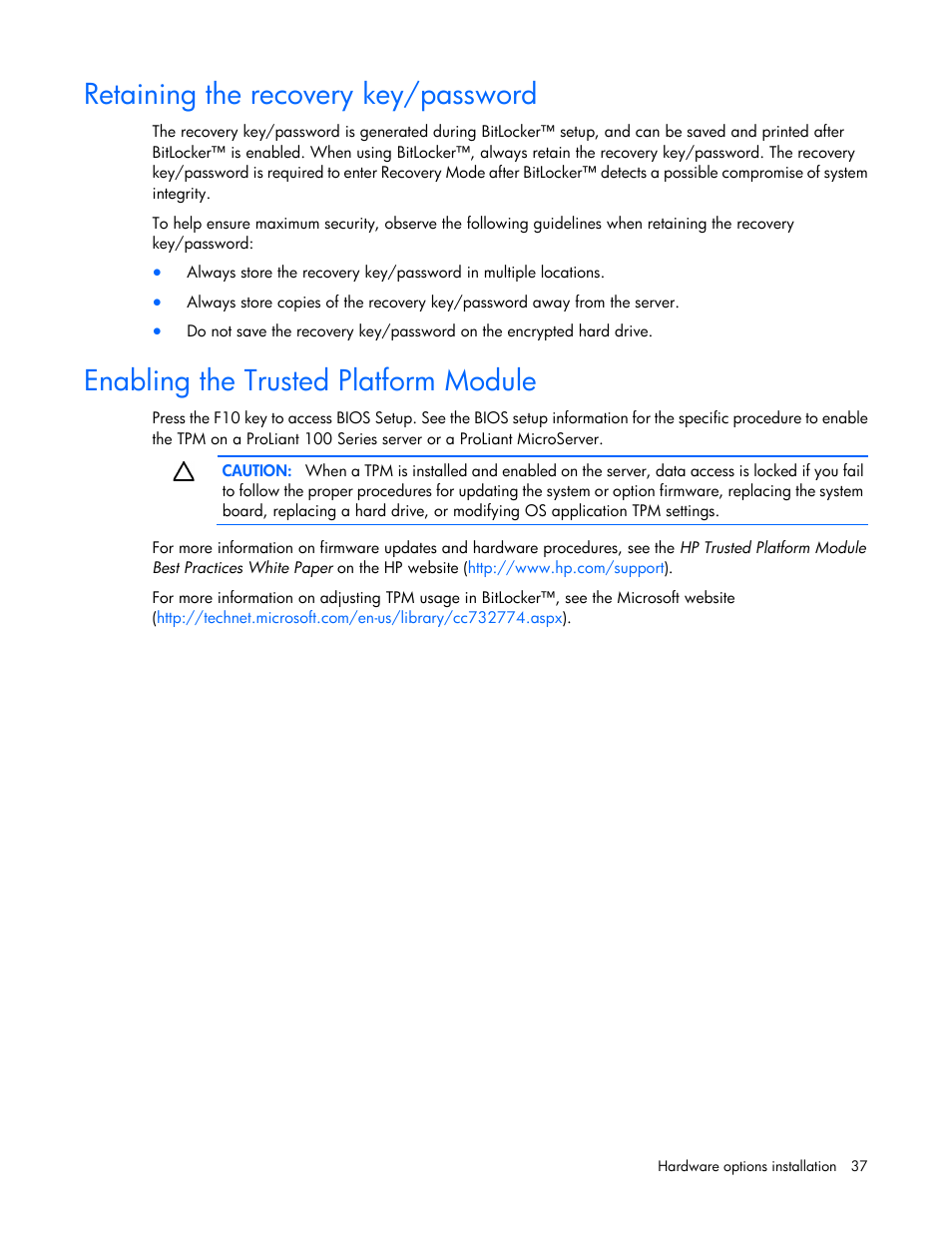 Retaining the recovery key/password, Enabling the trusted platform module | HP ProLiant ML110 G6 Server User Manual | Page 37 / 109