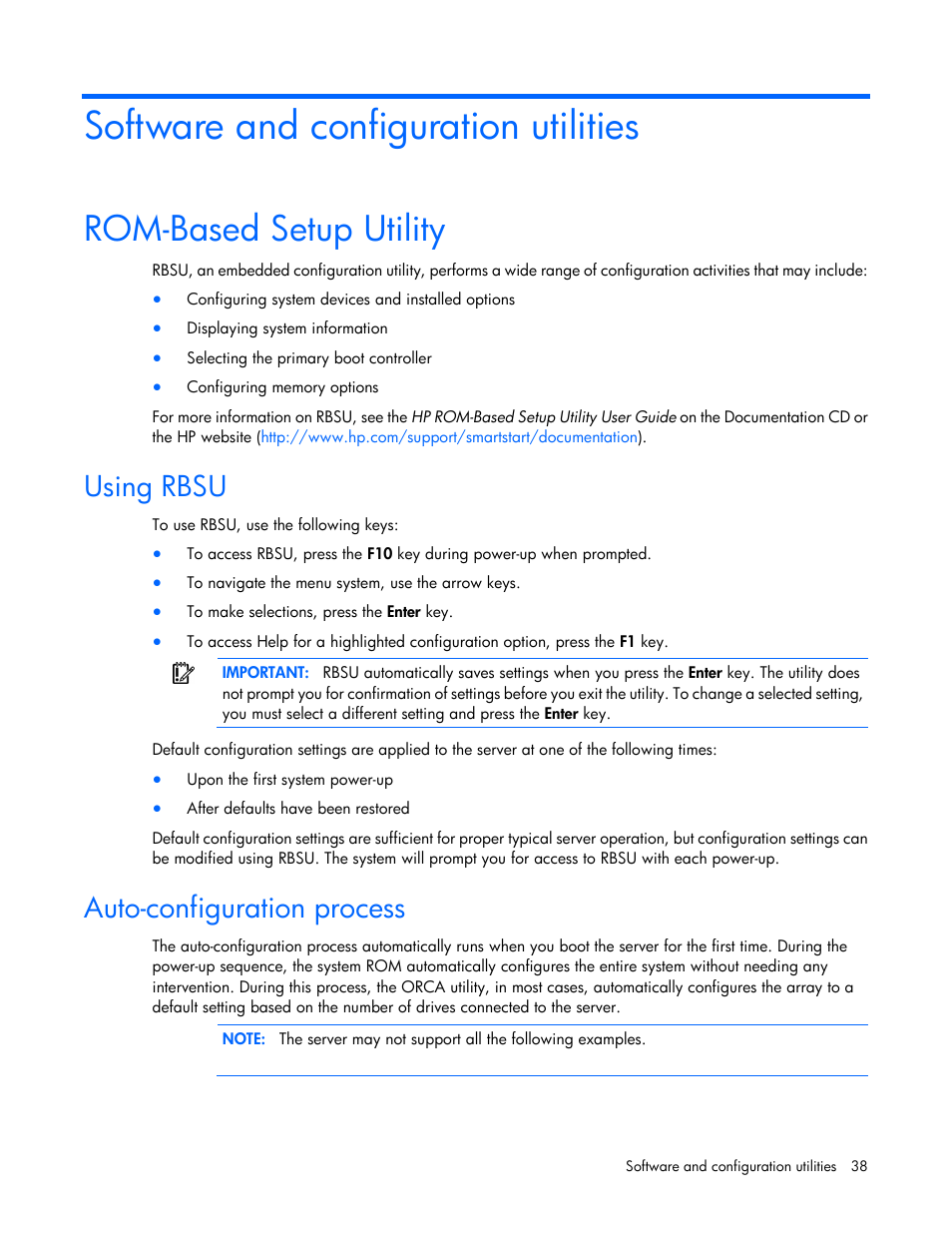 Software and configuration utilities, Rom-based setup utility, Using rbsu | Auto-configuration process, Rom-based setup, Utility | HP ProLiant ML110 G6 Server User Manual | Page 38 / 109