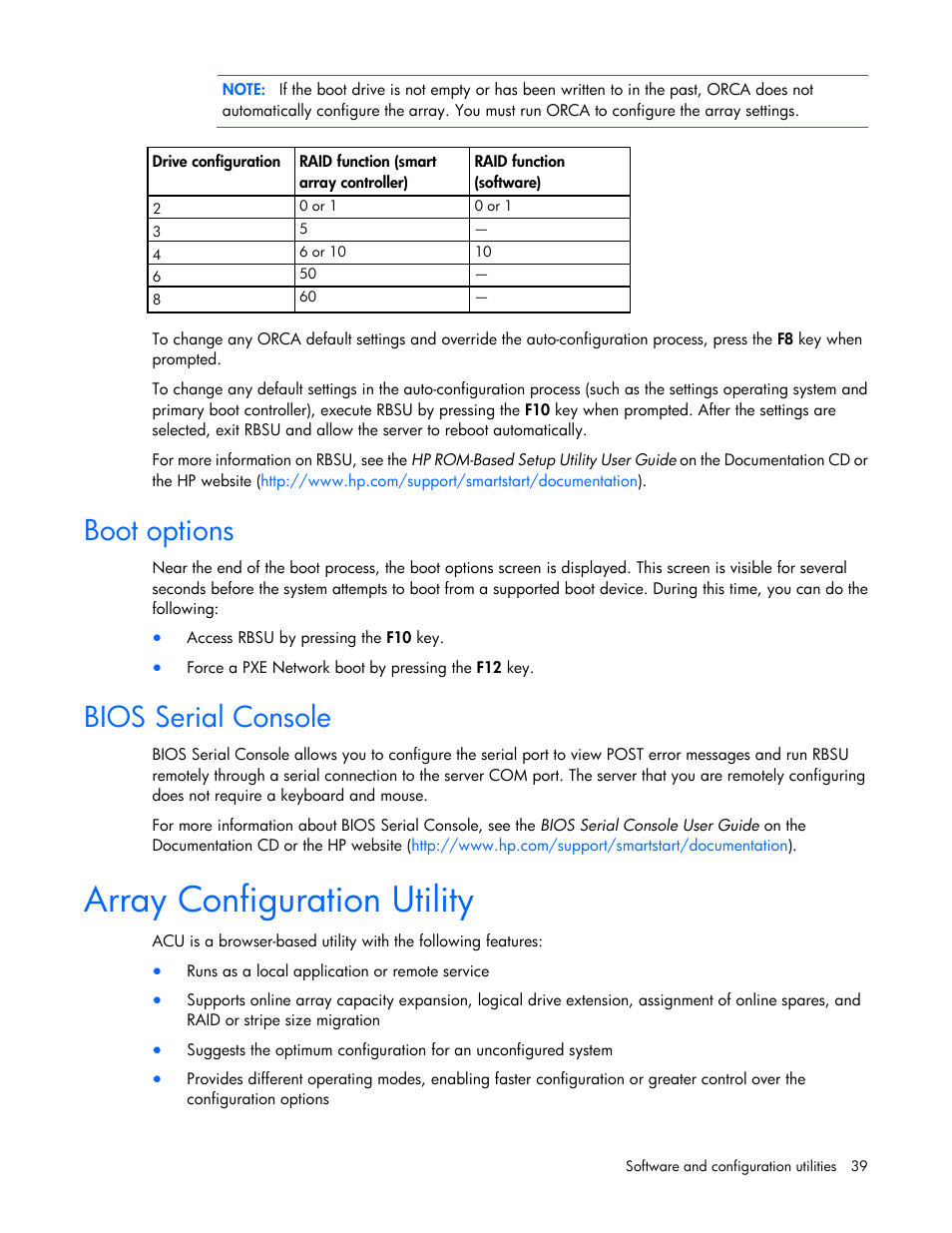 Boot options, Bios serial console, Array configuration utility | HP ProLiant ML110 G6 Server User Manual | Page 39 / 109