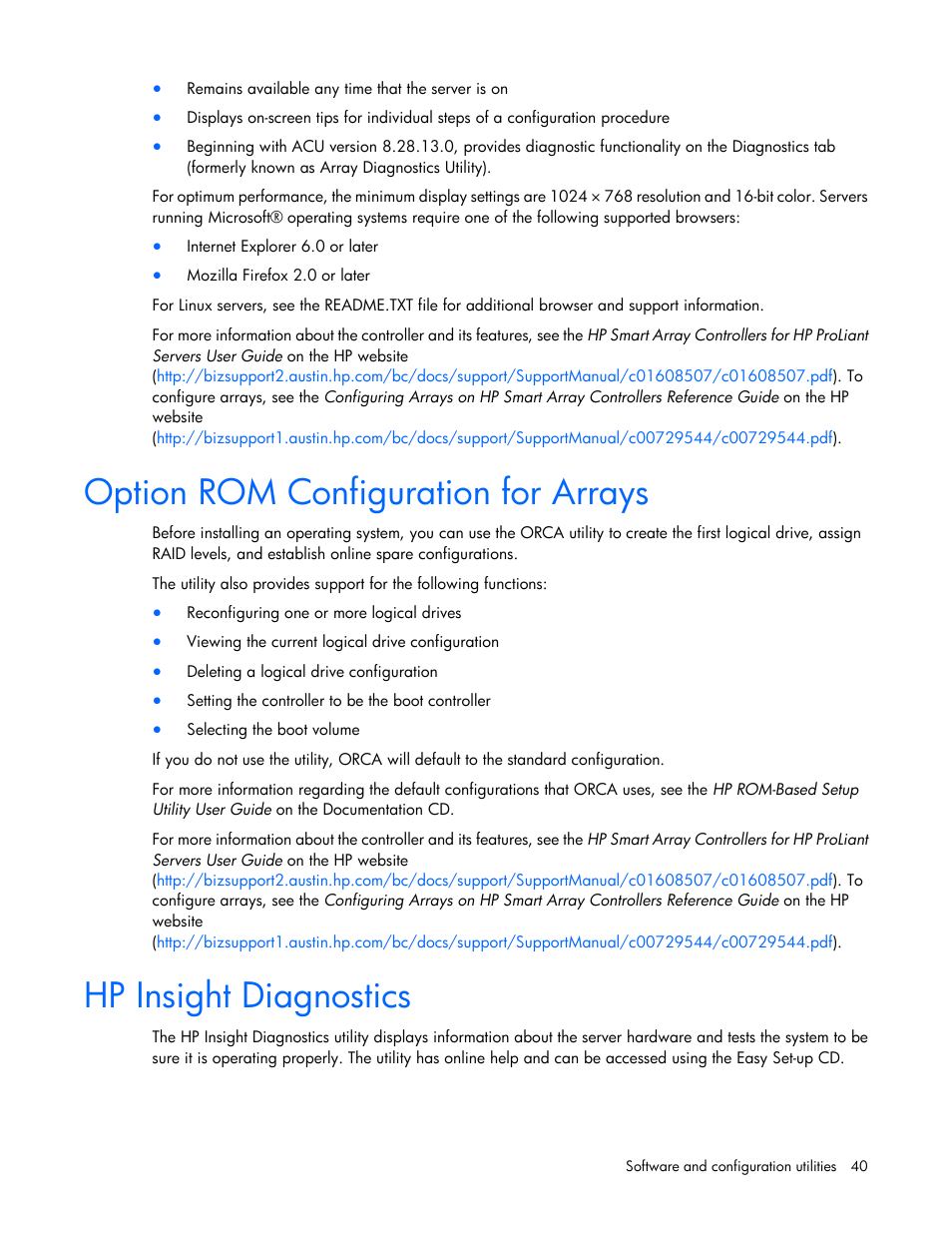 Option rom configuration for arrays, Hp insight diagnostics | HP ProLiant ML110 G6 Server User Manual | Page 40 / 109