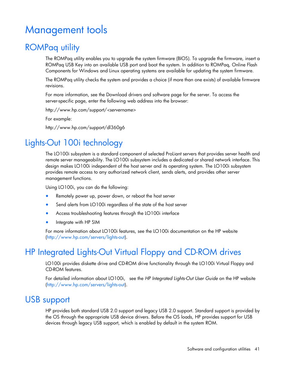 Management tools, Rompaq utility, Lights-out 100i technology | Usb support | HP ProLiant ML110 G6 Server User Manual | Page 41 / 109