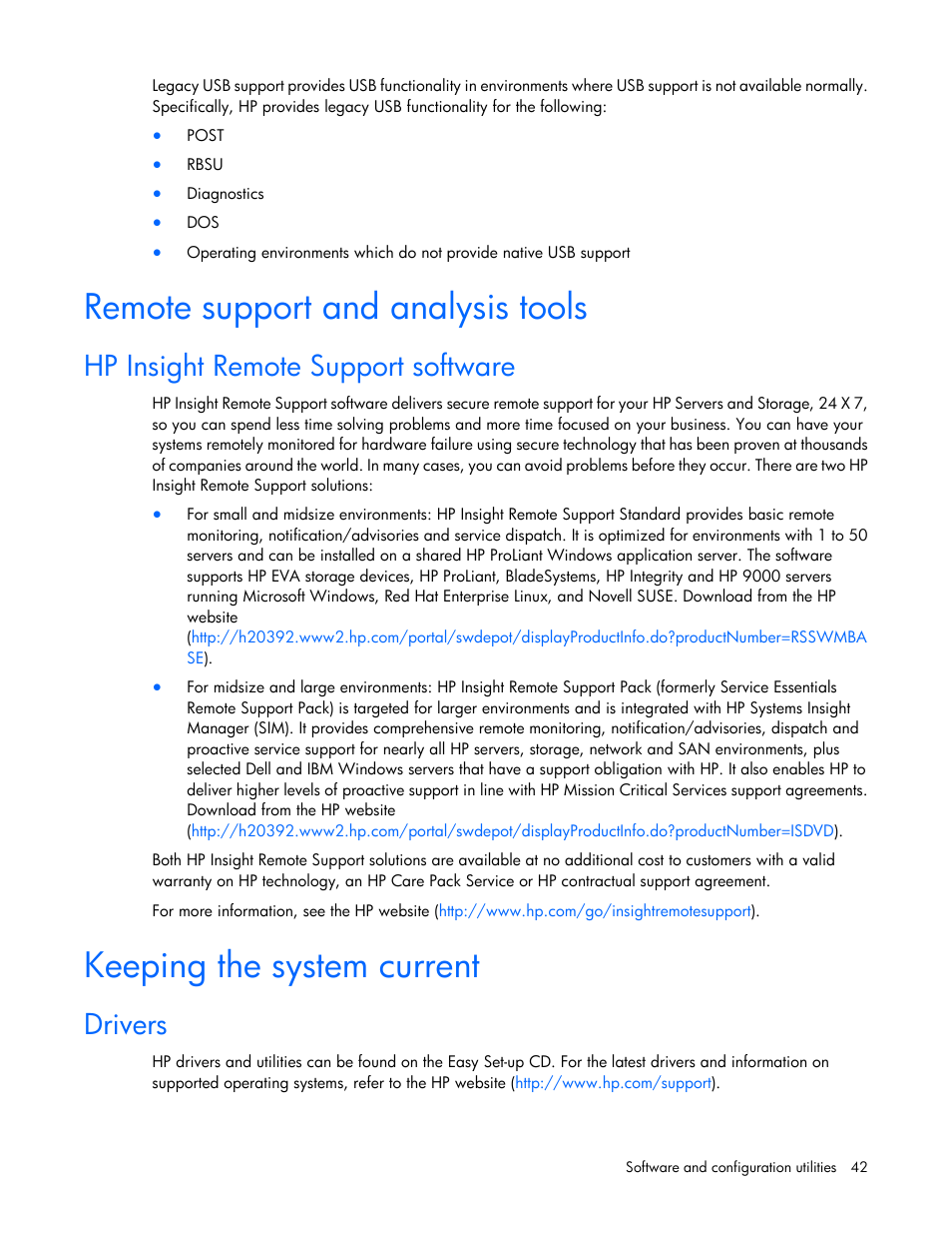 Remote support and analysis tools, Hp insight remote support software, Keeping the system current | Drivers | HP ProLiant ML110 G6 Server User Manual | Page 42 / 109