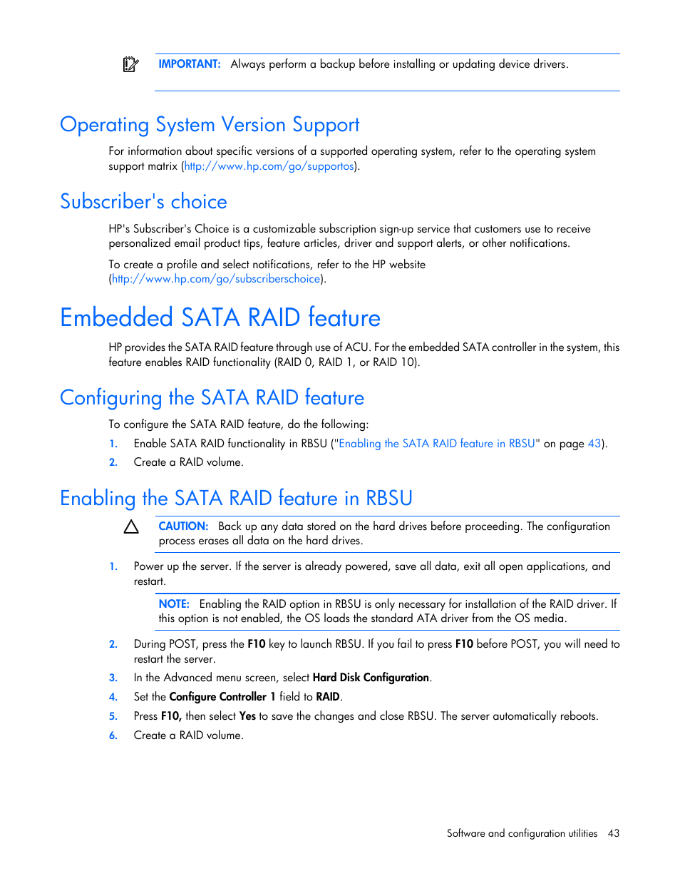 Operating system version support, Subscriber's choice, Embedded sata raid feature | Configuring the sata raid feature, Enabling the sata raid feature in rbsu | HP ProLiant ML110 G6 Server User Manual | Page 43 / 109