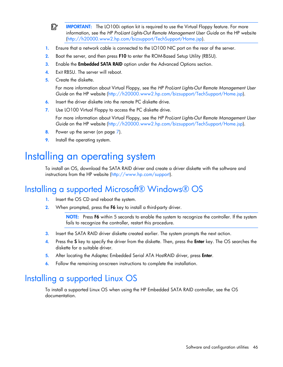 Installing an operating system, Installing a supported microsoft® windows® os, Installing a supported linux os | HP ProLiant ML110 G6 Server User Manual | Page 46 / 109