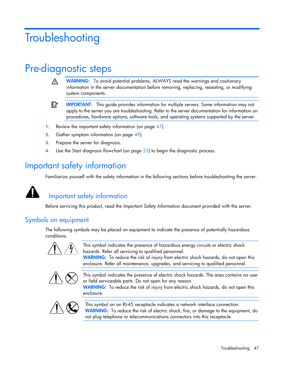 Troubleshooting, Pre-diagnostic steps, Important safety information | Symbols on equipment | HP ProLiant ML110 G6 Server User Manual | Page 47 / 109