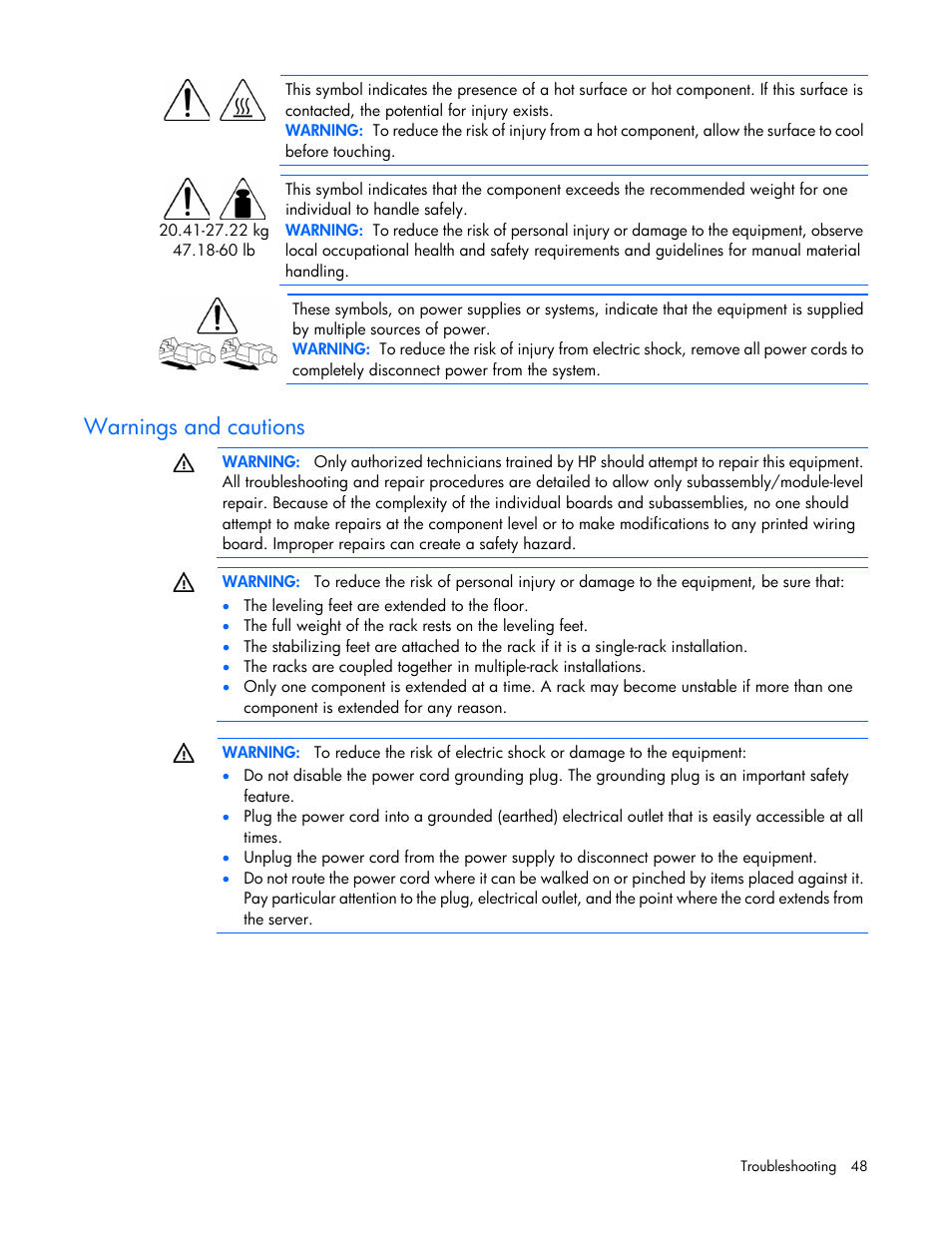 Warnings and cautions | HP ProLiant ML110 G6 Server User Manual | Page 48 / 109