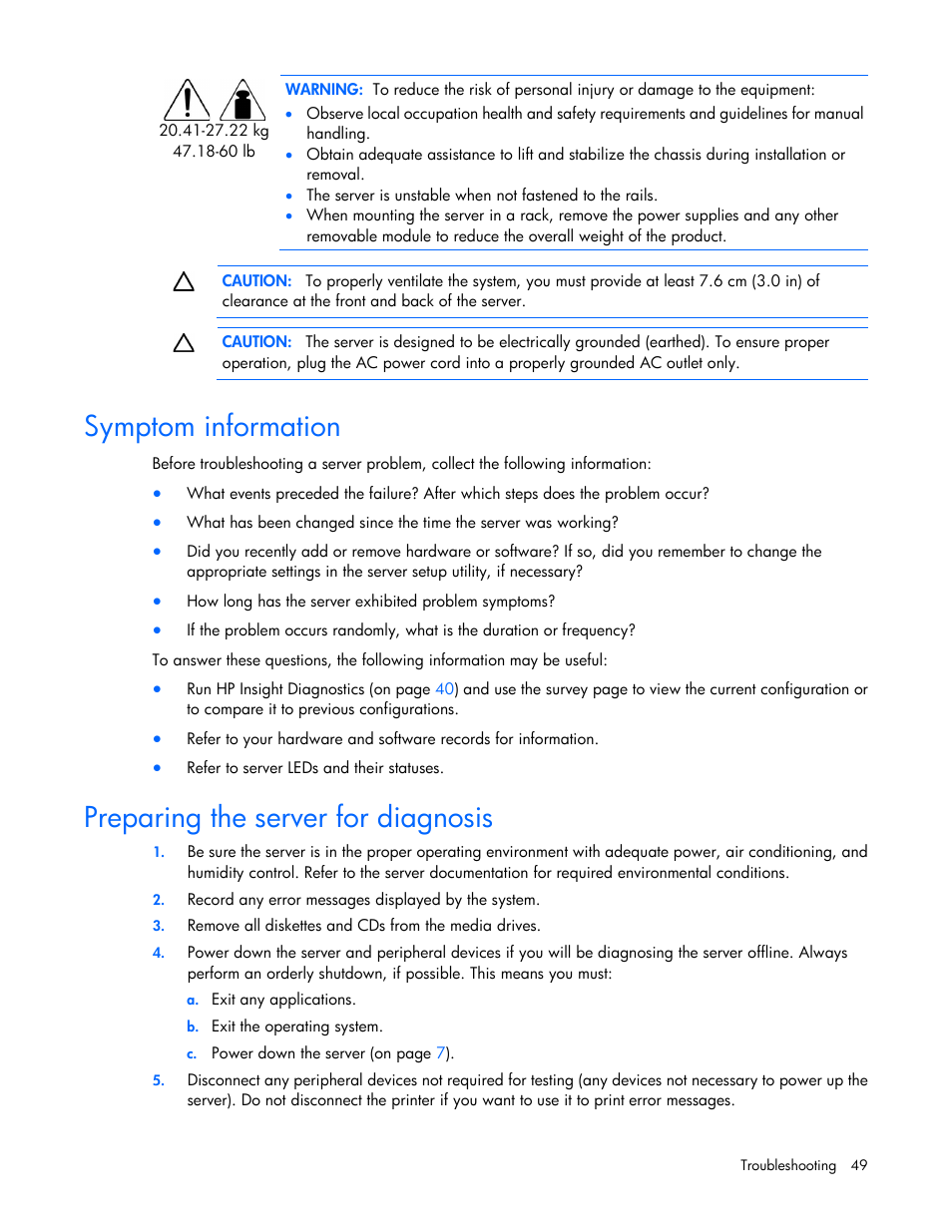 Symptom information, Preparing the server for diagnosis | HP ProLiant ML110 G6 Server User Manual | Page 49 / 109