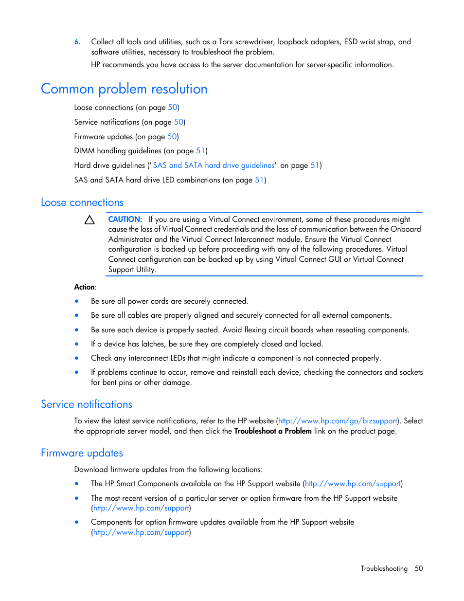 Common problem resolution, Loose connections, Service notifications | Firmware updates | HP ProLiant ML110 G6 Server User Manual | Page 50 / 109