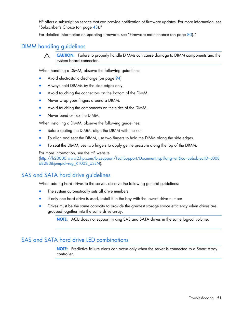 Dimm handling guidelines, Sas and sata hard drive guidelines, Sas and sata hard drive led combinations | HP ProLiant ML110 G6 Server User Manual | Page 51 / 109