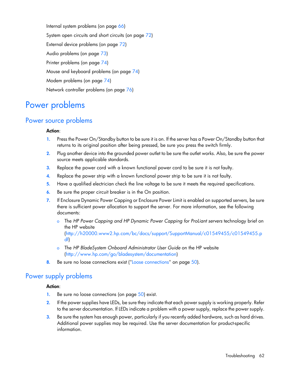 Power problems, Power source problems, Power supply problems | HP ProLiant ML110 G6 Server User Manual | Page 62 / 109