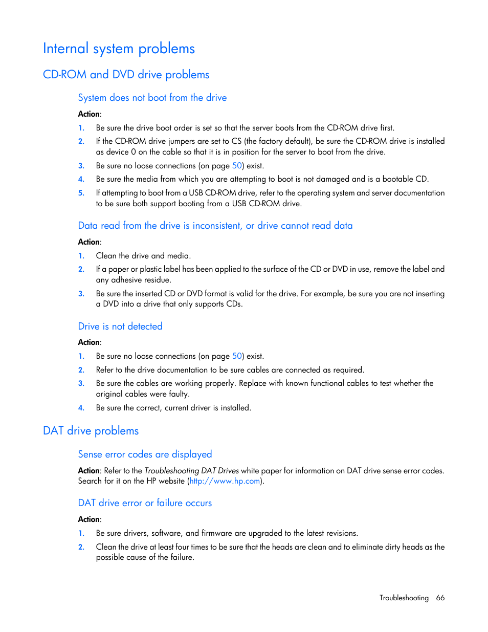 Internal system problems, Cd-rom and dvd drive problems, System does not boot from the drive | Drive is not detected, Dat drive problems, Sense error codes are displayed, Dat drive error or failure occurs | HP ProLiant ML110 G6 Server User Manual | Page 66 / 109