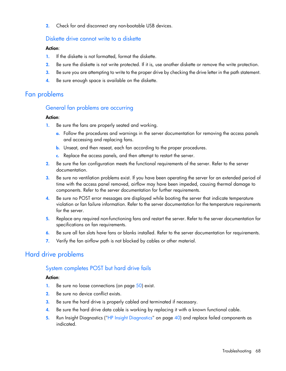 Diskette drive cannot write to a diskette, Fan problems, General fan problems are occurring | Hard drive problems, System completes post but hard drive fails | HP ProLiant ML110 G6 Server User Manual | Page 68 / 109