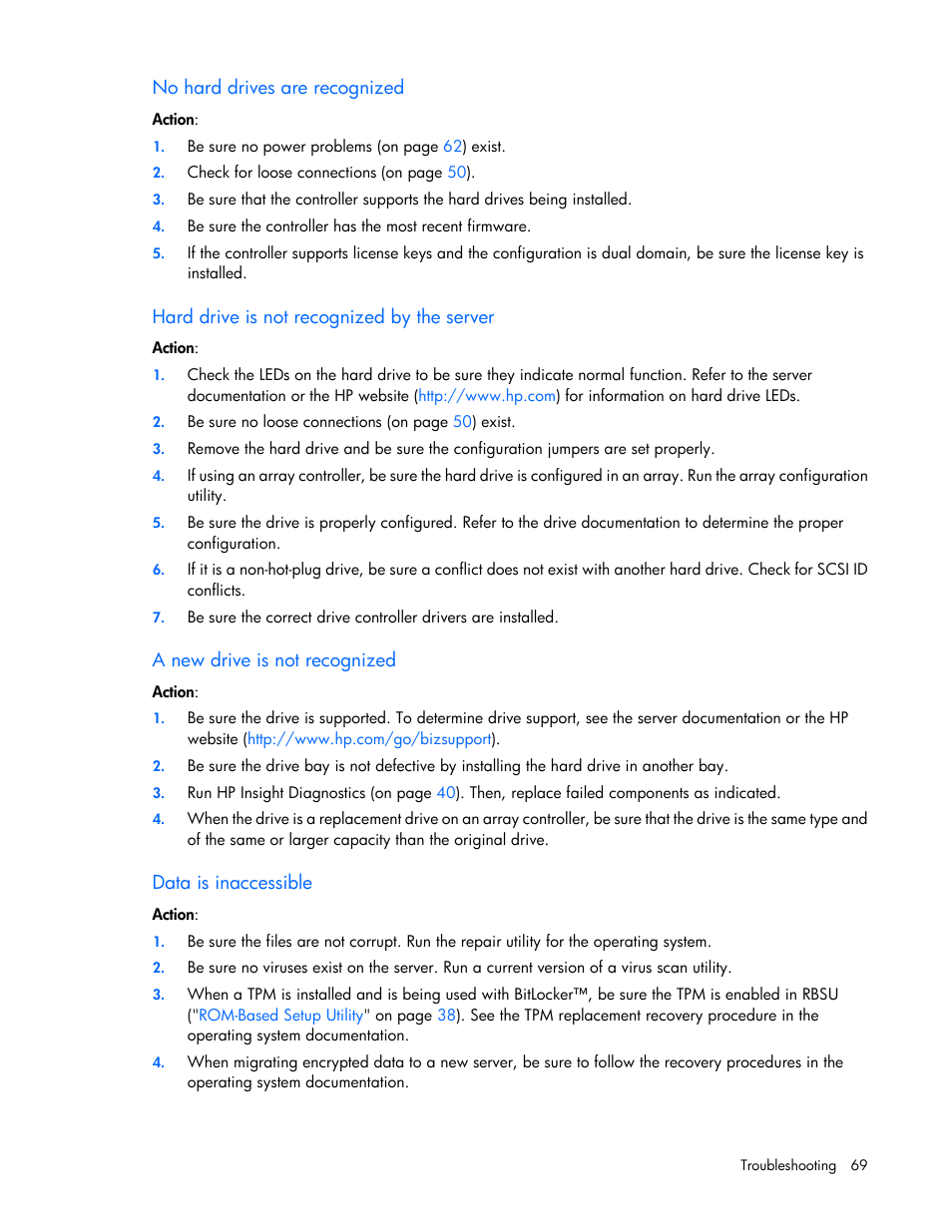 No hard drives are recognized, Hard drive is not recognized by the server, A new drive is not recognized | Data is inaccessible | HP ProLiant ML110 G6 Server User Manual | Page 69 / 109