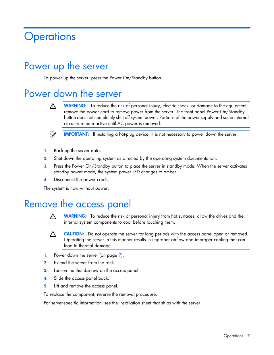 Operations, Power up the server, Power down the server | Remove the access panel | HP ProLiant ML110 G6 Server User Manual | Page 7 / 109