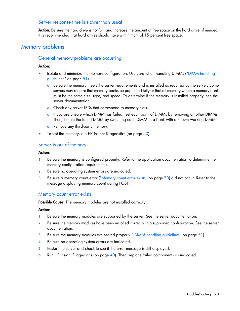 Server response time is slower than usual, Memory problems, General memory problems are occurring | Server is out of memory, Memory count error exists | HP ProLiant ML110 G6 Server User Manual | Page 70 / 109
