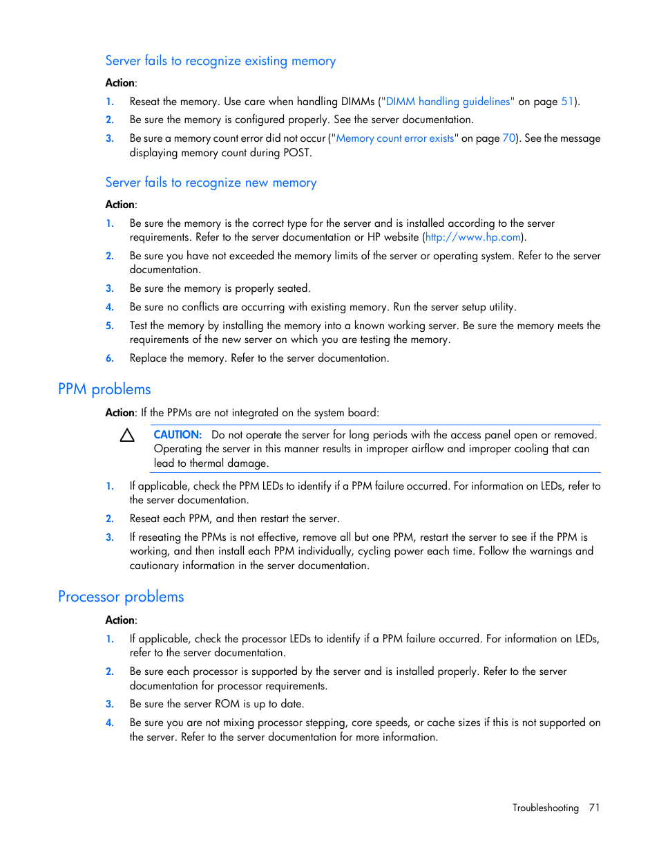 Server fails to recognize existing memory, Server fails to recognize new memory, Ppm problems | Processor problems | HP ProLiant ML110 G6 Server User Manual | Page 71 / 109