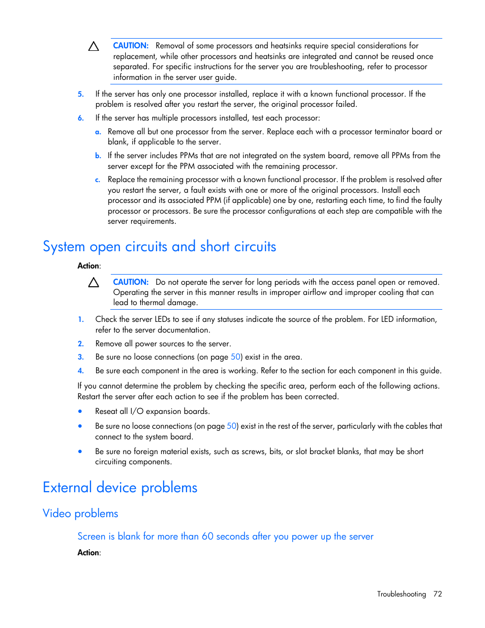 System open circuits and short circuits, External device problems, Video problems | HP ProLiant ML110 G6 Server User Manual | Page 72 / 109