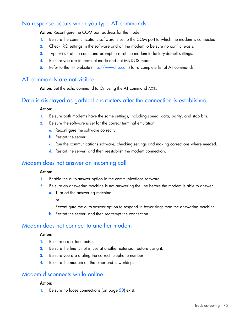 No response occurs when you type at commands, At commands are not visible, Modem does not answer an incoming call | Modem does not connect to another modem, Modem disconnects while online | HP ProLiant ML110 G6 Server User Manual | Page 75 / 109