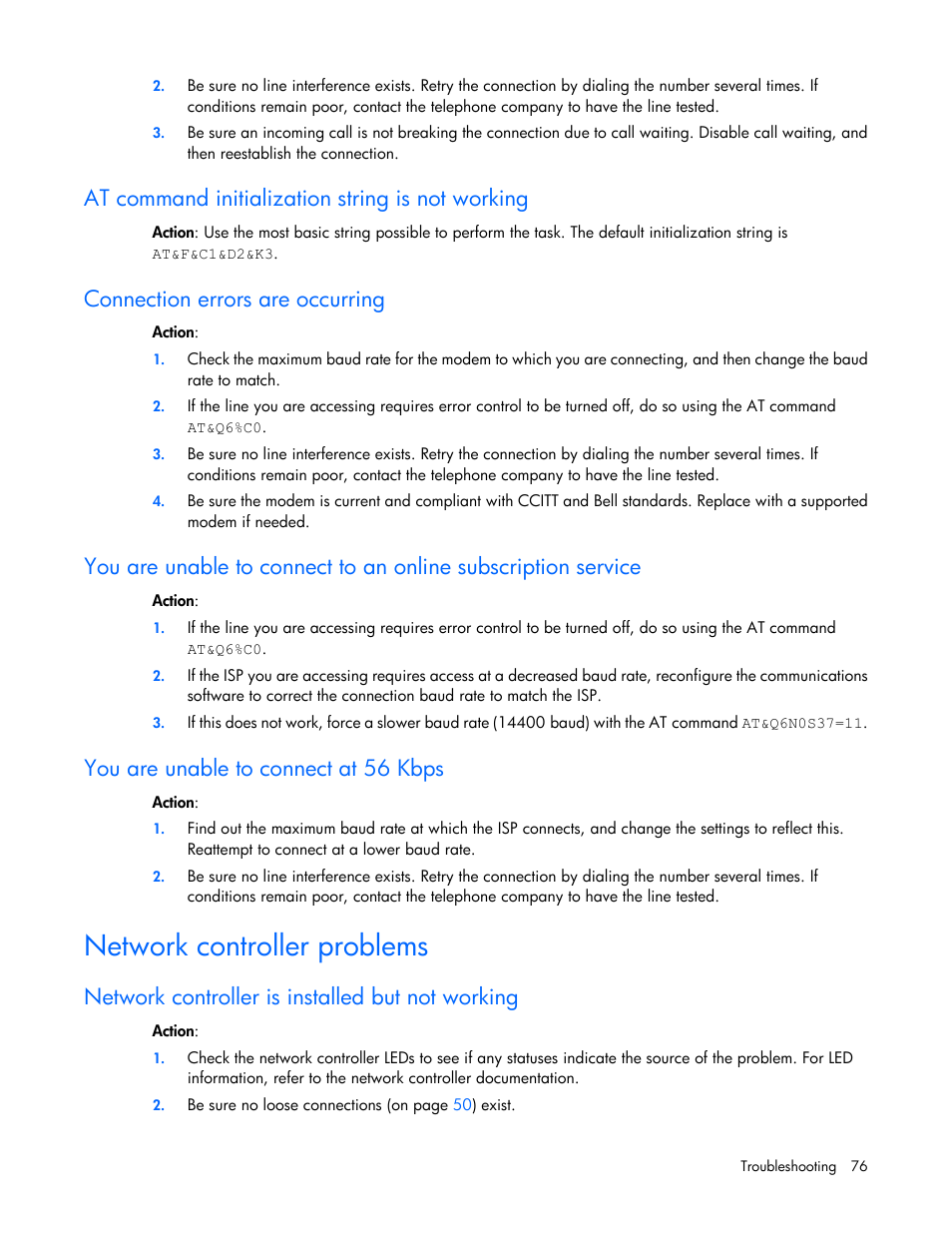 At command initialization string is not working, Connection errors are occurring, You are unable to connect at 56 kbps | Network controller problems, Network controller is installed but not working | HP ProLiant ML110 G6 Server User Manual | Page 76 / 109