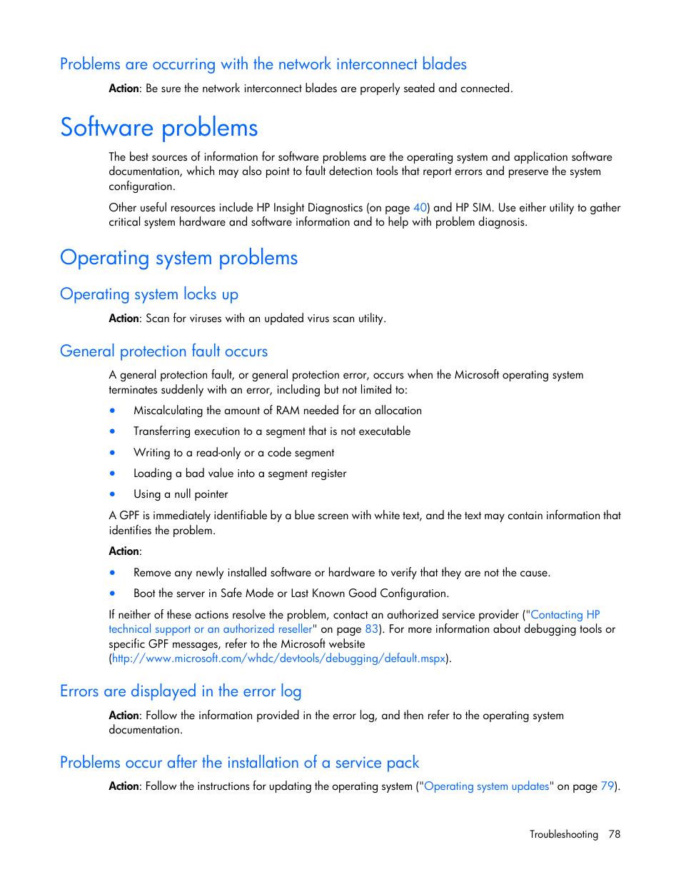 Software problems, Operating system problems, Operating system locks up | General protection fault occurs, Errors are displayed in the error log | HP ProLiant ML110 G6 Server User Manual | Page 78 / 109