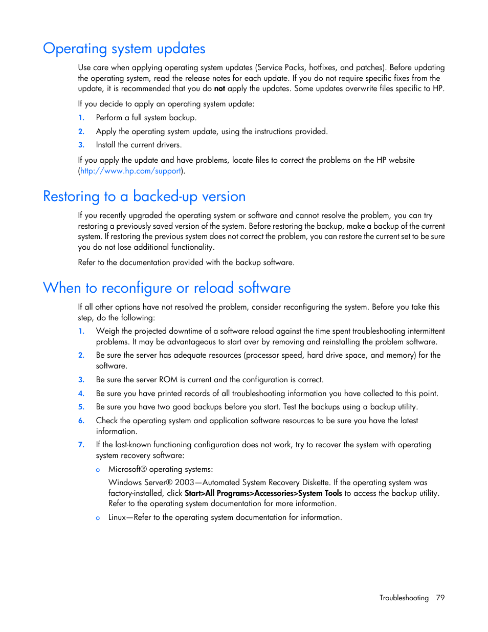 Operating system updates, Restoring to a backed-up version, When to reconfigure or reload software | HP ProLiant ML110 G6 Server User Manual | Page 79 / 109