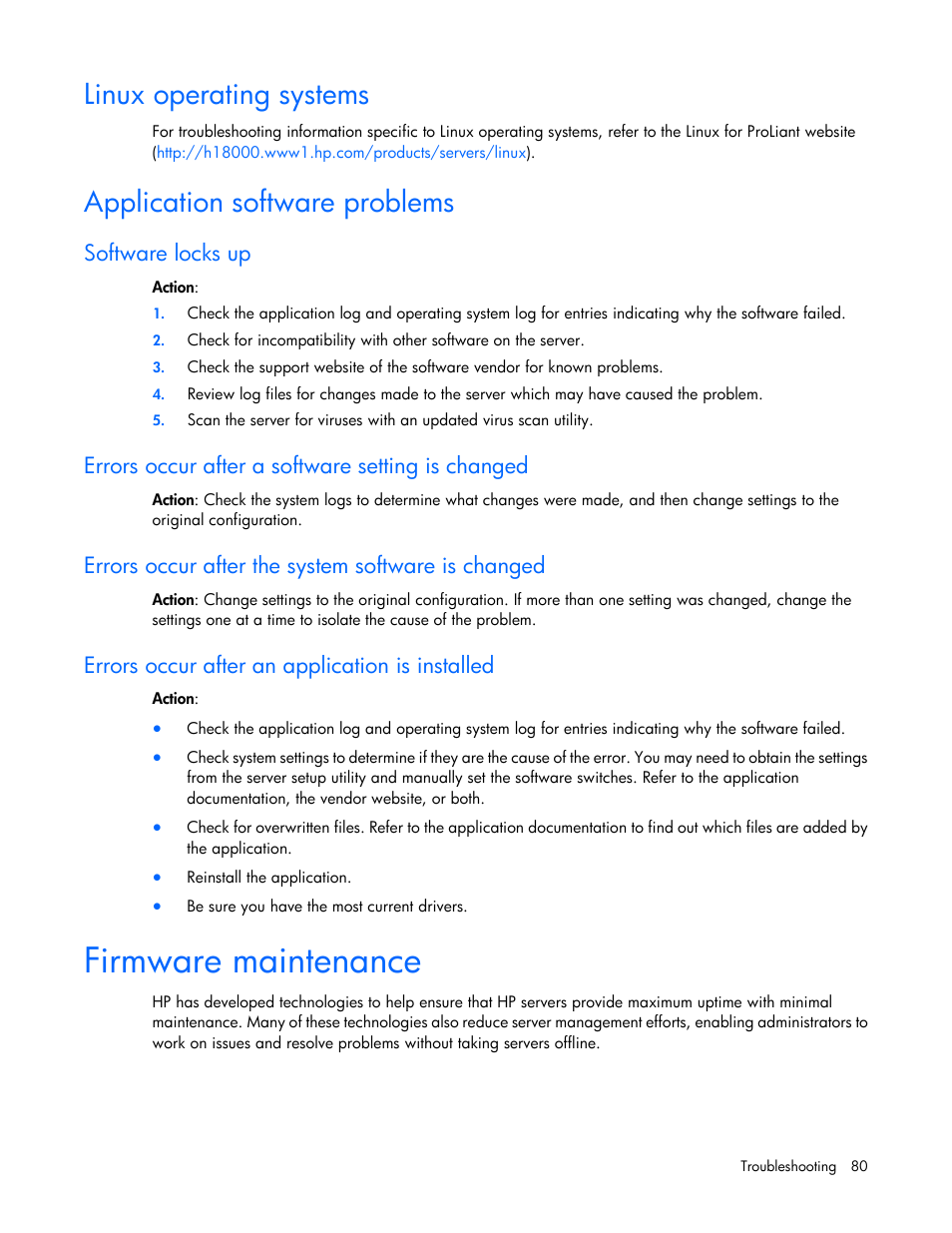 Linux operating systems, Application software problems, Software locks up | Errors occur after a software setting is changed, Errors occur after the system software is changed, Errors occur after an application is installed, Firmware maintenance | HP ProLiant ML110 G6 Server User Manual | Page 80 / 109